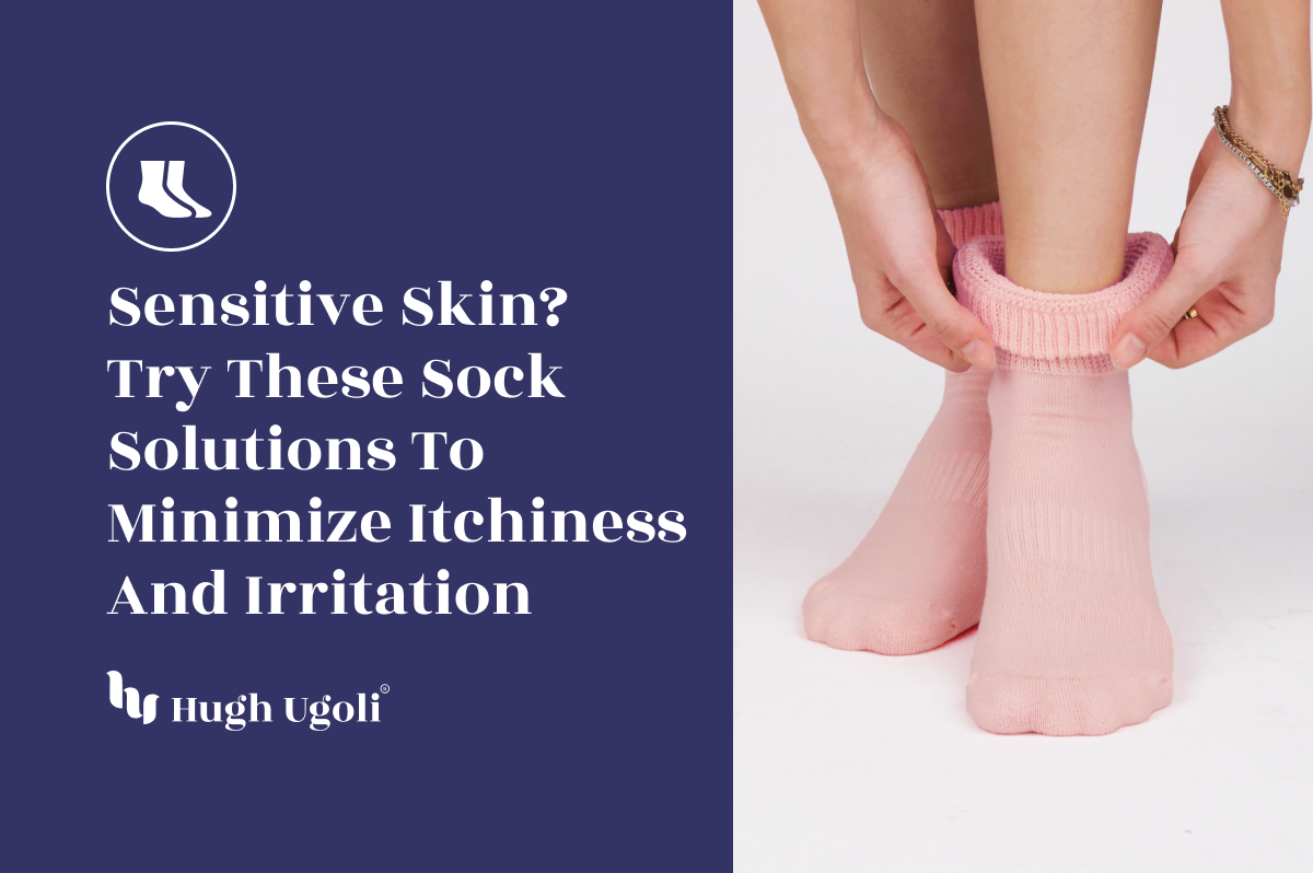 A person gently adjusts their soft pink socks, ideal for sensitive skin, while standing on a clean white surface.